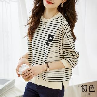 【初色】簡約運動條紋刺繡字母P寬鬆圓領長袖內搭打底衫下擺開叉T恤上衣女上衣-條紋-31311(M-2XL可選)