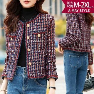 【艾美時尚】冬新品 中大尺碼女裝 外套 復古小香風撞色粗毛呢外套。M-2XL(紅.現貨+預購)