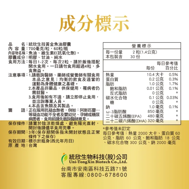 【統欣生技】85% Omega-3黃金魚油 1入組(60粒/入)