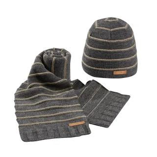 【ATUNAS 歐都納】保暖羊毛針織條紋帽子圍巾組(A1AC2309N深灰/柔軟透氣/休閒旅遊/登山賞雪禦寒配件)
