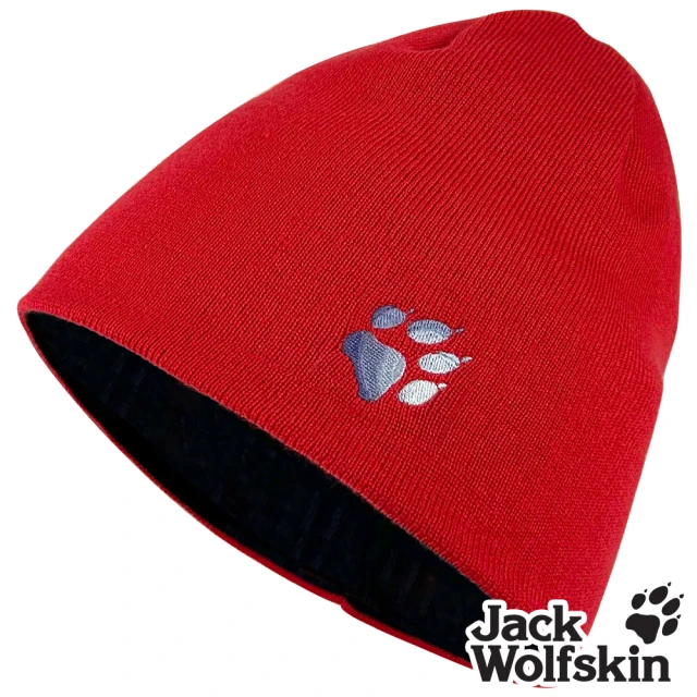 【Jack wolfskin 飛狼】小狼爪LOGO條紋針織保暖帽 雙面戴毛帽(黑配紅)