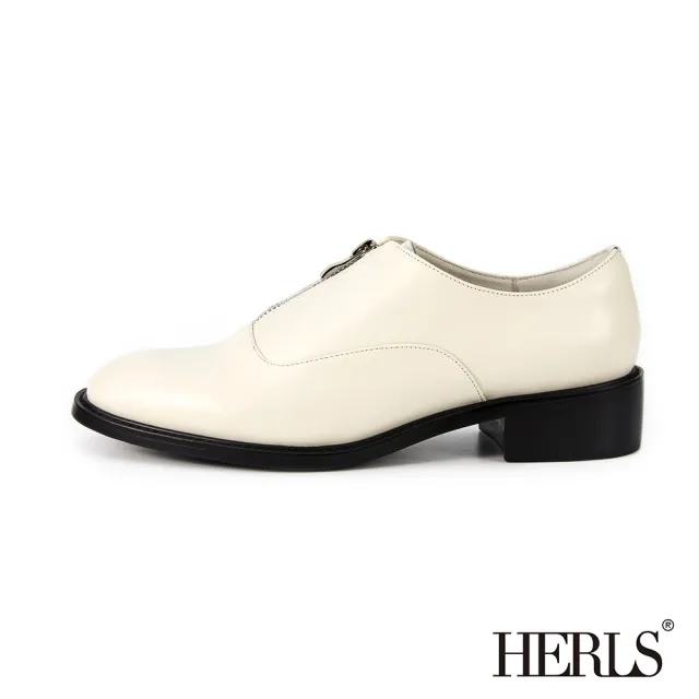 【HERLS】牛津鞋-全真皮拉鍊造型低跟牛津鞋(灰白色)