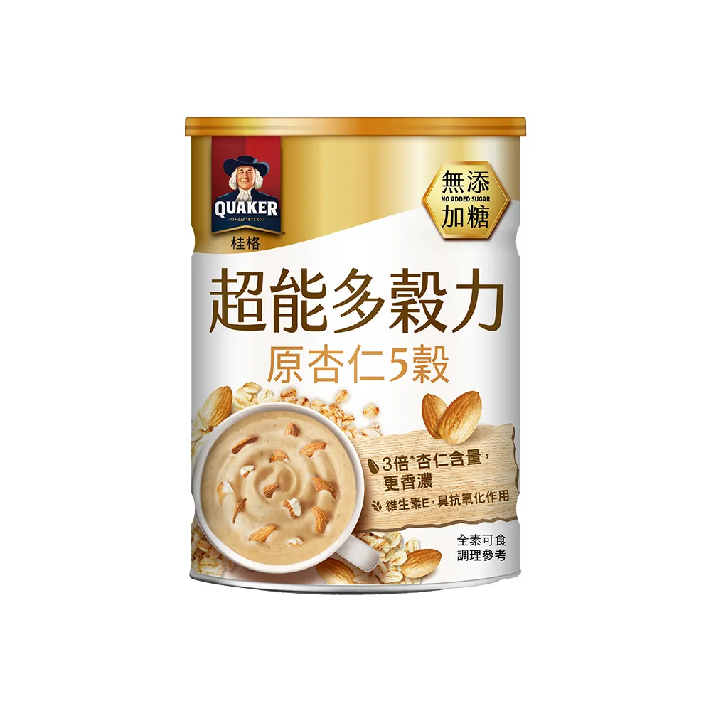 【QUAKER 桂格】超能多穀力原杏仁5穀-無添加糖(390g/罐)