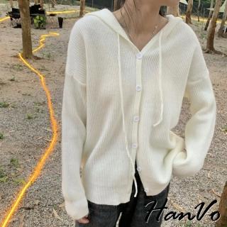 【HanVo】現貨 連帽抽繩長袖針織外套(溫柔風親膚百搭春秋外套 韓系女裝 女生衣著 A07-1948)