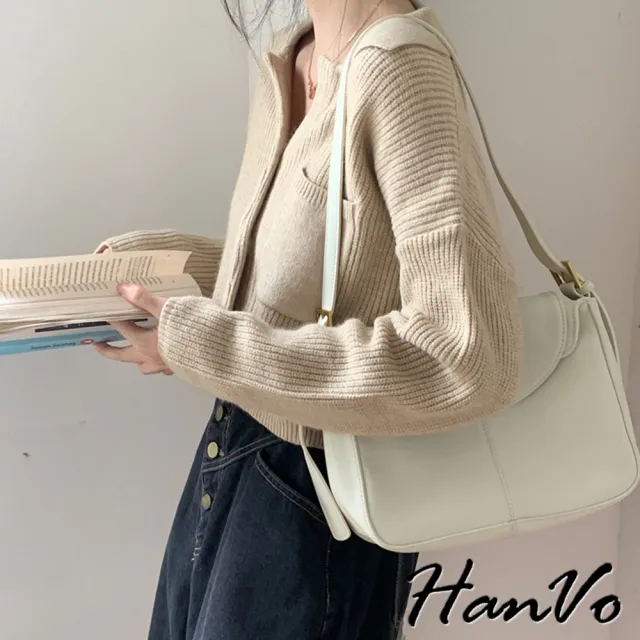 【HanVo】現貨 翻領口袋短版針織保暖外套(韓系百搭簡約秋冬 韓系女裝 女生衣著 A02-1940)