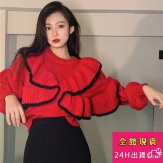 【AS 梨卡】針織上衣 澎澎袖 荷葉邊外套 DR369