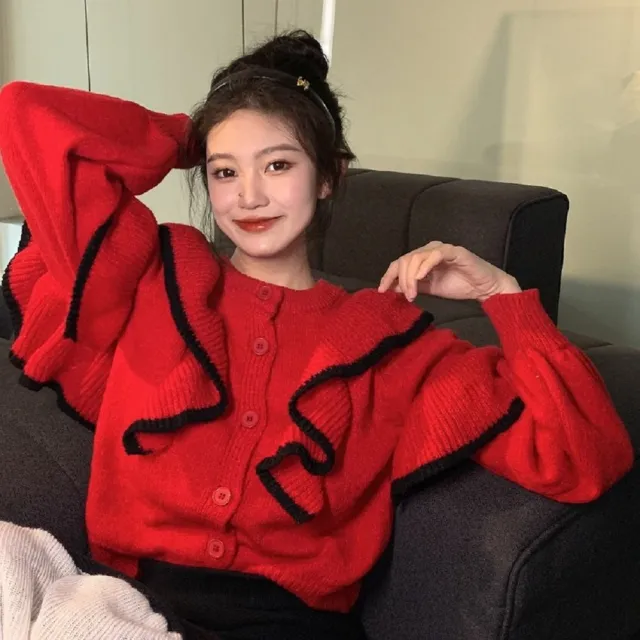 【AS 梨卡】荷葉邊上衣 針織 澎澎袖外套 DR369
