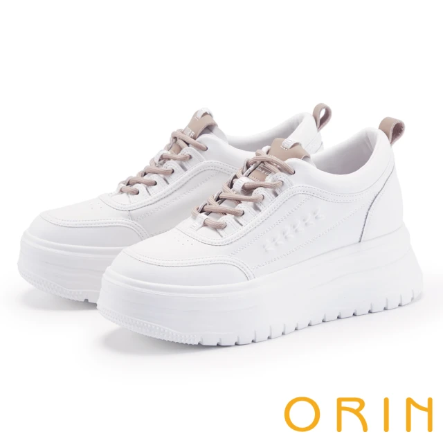 ORINORIN 異材質拼接復古綁帶休閒鞋(白+棕鞋帶)