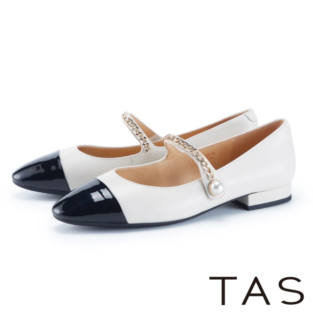 TAS 珍珠鏈條真皮瑪麗珍尖頭平底鞋(米白)