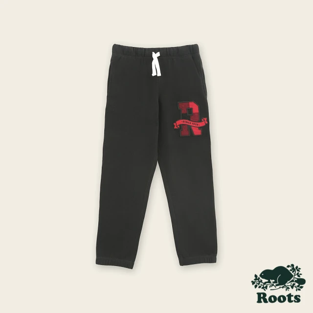 RootsRoots Roots大童-經典小木屋系列 大R格紋貼布休閒棉褲(黑色)