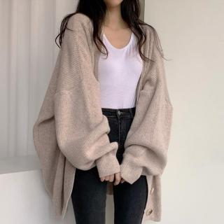 【D.studio】韓版慵懶風排扣寬鬆燈籠袖針織外套(上衣 女裝 衣服 外套 長袖上衣 長版外套 毛衣 J262)