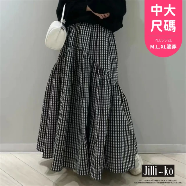 JILLI-KO 日系設計高腰休閒百搭復古波浪抽褶魚尾裙中大尺碼-F(黑)