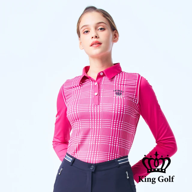 KING GOLF 女款千鳥格紋薄款長袖POLO衫/高爾夫球衫(桃粉色)