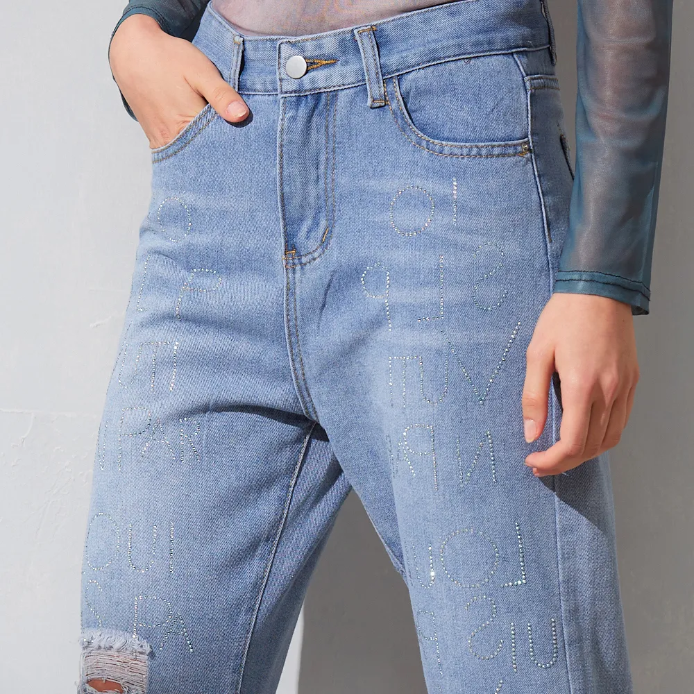 【GLORY21】品牌魅力款-etc.輕奢亮鑽刷痕直筒丹寧長褲(藍色)