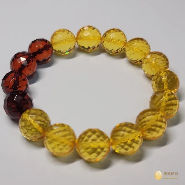 【優雅琥珀】12mm雙色琥珀 鑽面圓珠手串(開運好物 晶瑩明亮  具鑑定證書)