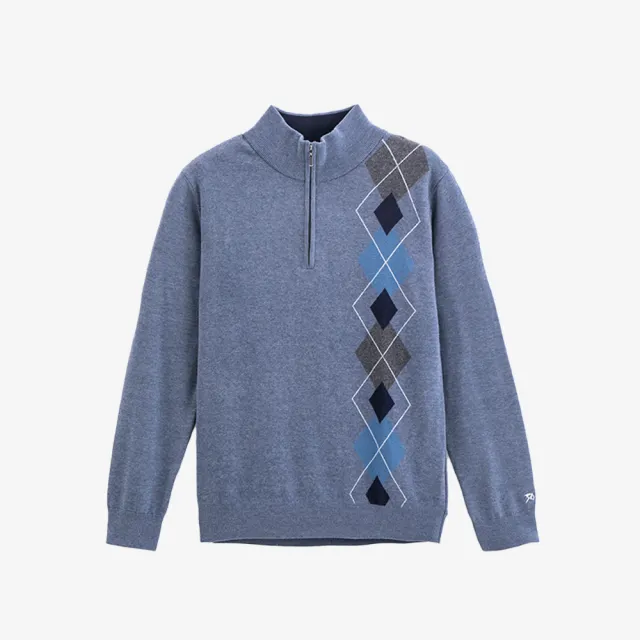 【Arnold Palmer 雨傘】男裝-慵懶菱格紋半開襟立領針織衫(淺藍色)