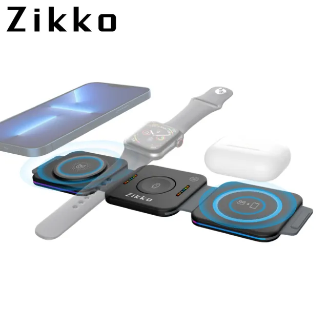 【ZIKKO】ZK-CG01五合一摺疊夾心15W無線充電座(Magsafe磁吸 立架 炫彩指示燈輔助)
