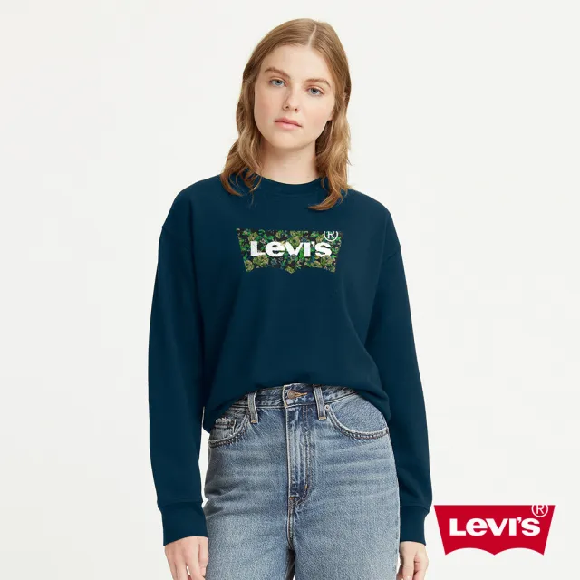 【LEVIS 官方旗艦】女款 寬鬆版大學T / 花草風經典Logo / 260GSM棉 深藍 熱賣單品 18686-0206