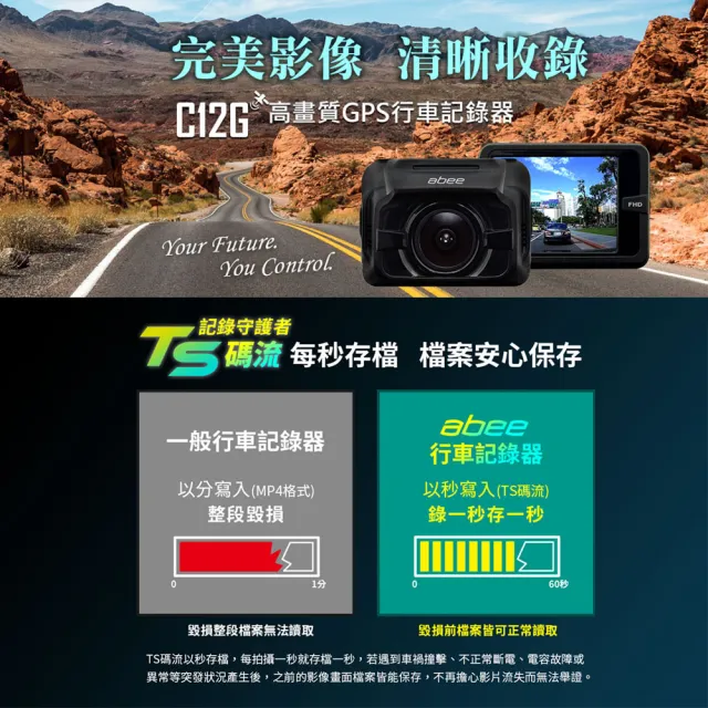 【Abee 快譯通】C12G 前鏡頭GPS行車記錄器 1080P 內建超級電容 碰撞緊急錄影 TS碼流秒錄秒存(贈64G記憶卡)