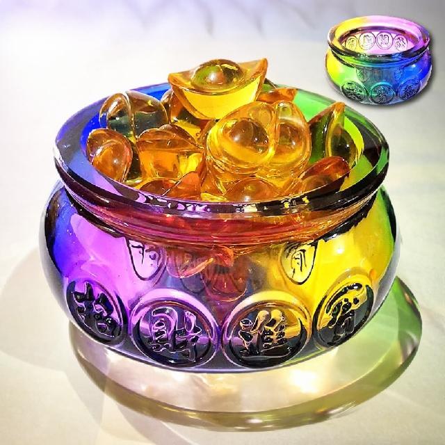【財神到】招財風水七彩琉璃聚寶盆-附元寶(事業 開運 人脈 小香爐座 招財 金元寶 風水 開業禮物 水晶)