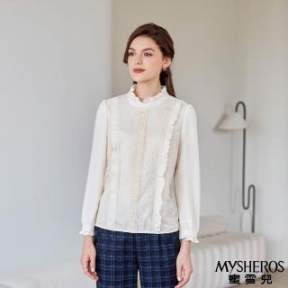 【MYSHEROS 蜜雪兒】造型上衣 荷葉邊小立領 蕾絲荷葉直條裝飾 後釦彈性下擺(米)