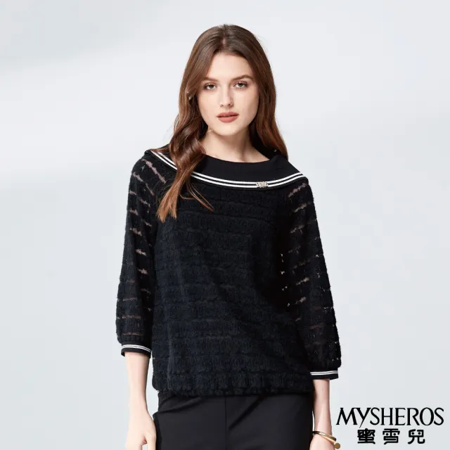 【MYSHEROS 蜜雪兒】造型上衣 鑽飾大圓厚領 質感拼接造型(黑)