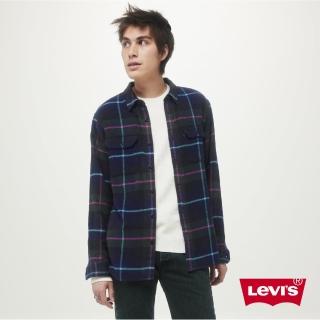 【LEVIS 官方旗艦】男款 寬鬆版工裝法蘭絨襯衫 藍銳利色系紋路 上衣 熱賣單品 19573-0201