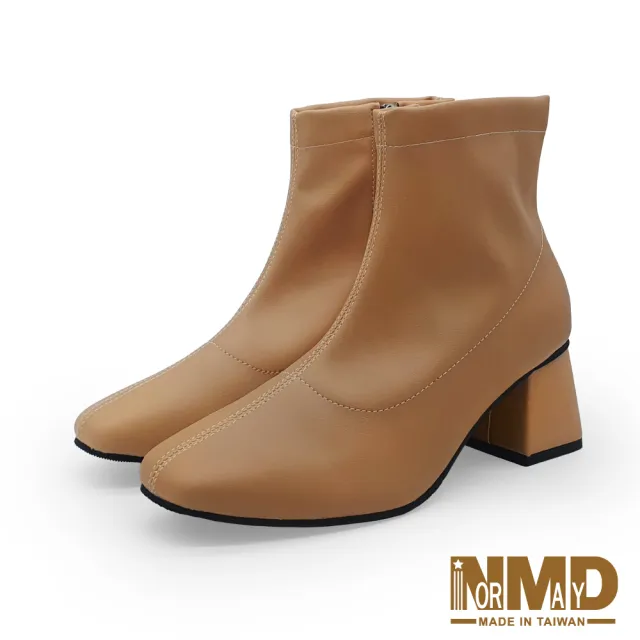 【Normady 諾曼地】女靴 短靴 MIT台灣製 顯瘦潮流素面車線粗中跟短靴-MIT手工鞋(奶茶棕)
