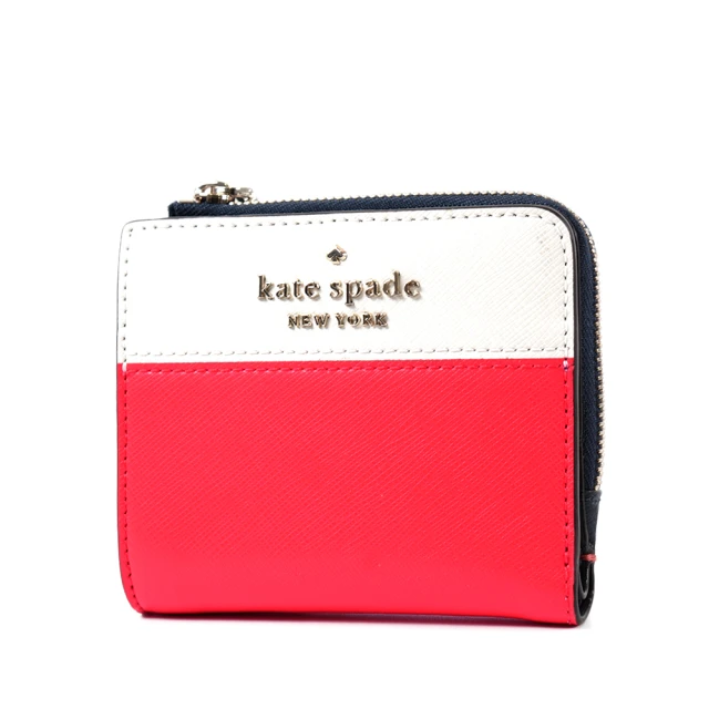 KATE SPADE 金字LOGO拚色防刮對開釦式短夾-紅/