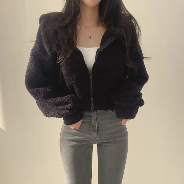 【D.studio】韓版顯瘦加厚保暖短版連帽外套(毛毛外套 上衣 女裝 衣服 外套 長袖上衣 毛衣 J180)