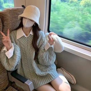 【D.studio】韓版顯瘦慵懶風V領長版毛衣(針織上衣毛衣長袖上衣女裝 衣服寬鬆上衣 顯瘦上衣 發熱衣 W396)