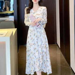 【FQ 時尚天后】花邊V領淡橘玫瑰花苞印花雪紡洋裝(S-2XL)