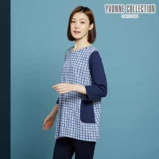 【YVONNE 以旺傢飾】鬆餅格紋下擺不規則長袖上衣(寶藍)