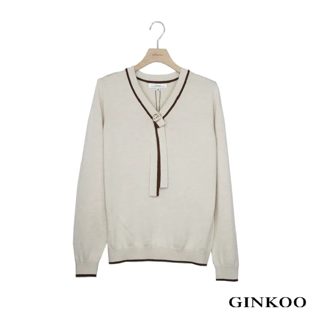 【GINKOO 俊克】法式金屬釦飾綁帶針織上衣