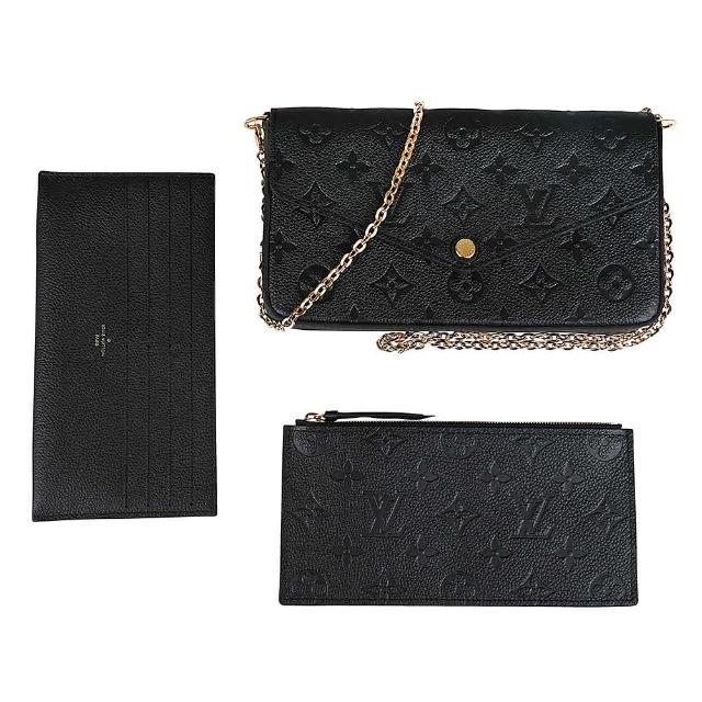 【Louis Vuitton 路易威登】M64064 FELICIE POCHETTE老花壓紋LOGO牛皮釦式鏈帶斜背包(黑)
