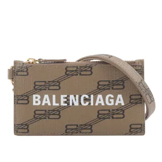 【Balenciaga 巴黎世家】BB Monogram 小款金釦卡片夾_附可拆式掛繩(米色/棕色)