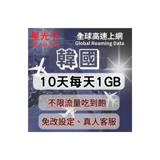 【星光卡  STAR SIM】韓國上網卡10天每天1GB後降速吃到飽(可熱點分享  免改設定)