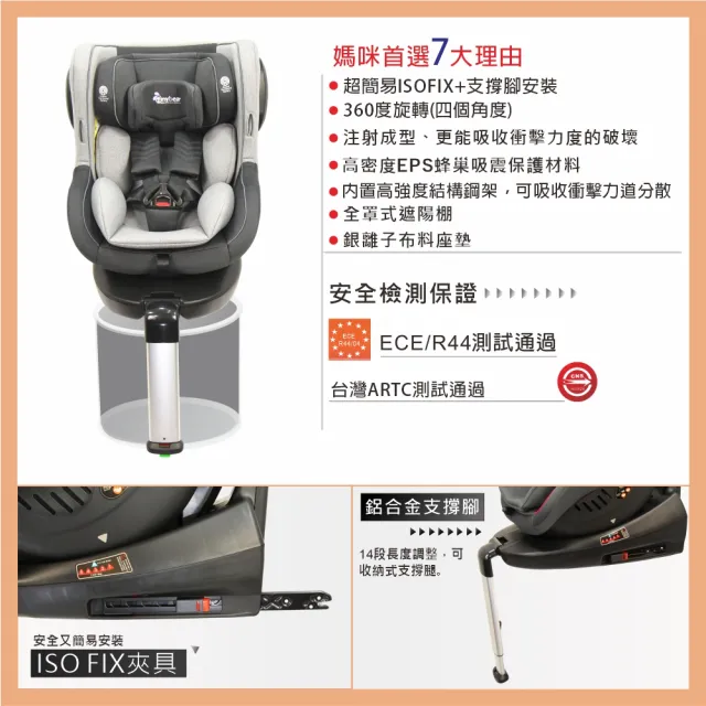 【Tony Bear】0-4歲 汽車安全座椅 / ISOFIX 360度旋轉座椅 / 銀離子布料