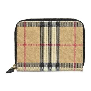【BURBERRY 巴寶莉】格紋混紡PVC 5卡ㄇ形拉鍊零錢包(典藏米)
