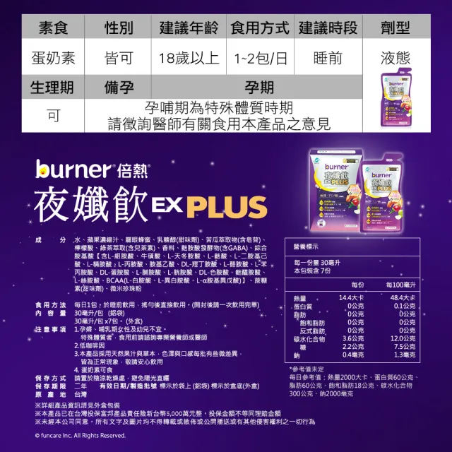【船井burner倍熱】夜孅飲EX PLUS 1盒(共7包)-送夜孅胺基酸1袋(共4顆)