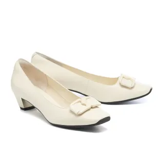 【AS 集團】內斂品味霧感方釦羊皮方頭低跟鞋(米白)