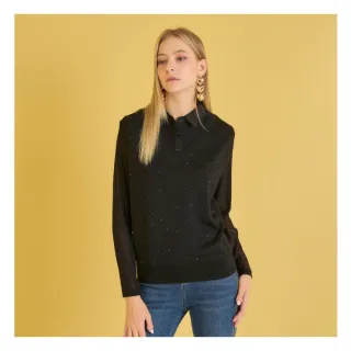 【YUTZUYA 優姿雅】耀黑星空碎鑽針織背心拼接透膚袖上衣(長袖/假兩件/高彈力/襯衫翻領/小性感)