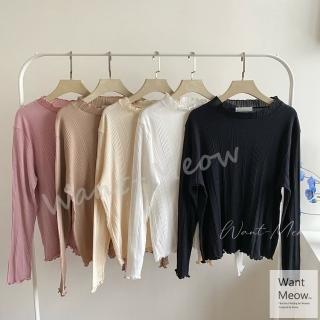 【Want-Meow】90公斤可穿超顯瘦/中高領拼接雪紡螺紋內搭長袖上衣(高領內搭/上衣/大碼/大尺碼/加大碼)