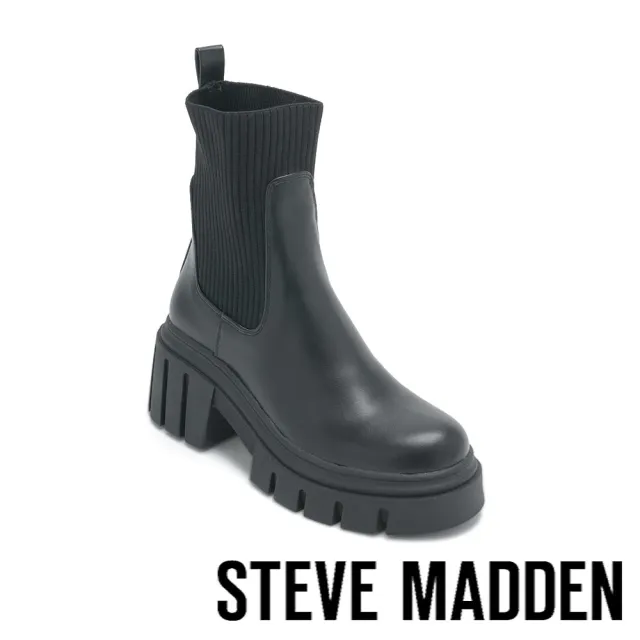 【STEVE MADDEN】SELECTION 拼接織布襪套厚底短靴(黑色)