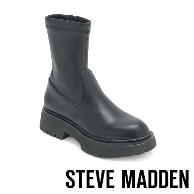 【steve madden】SOUTH 拼接皮革襪套厚底短靴(黑色)