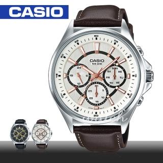 【CASIO 卡西歐】商務型錶款 皮革三眼指標型男錶(MTP-E303L)