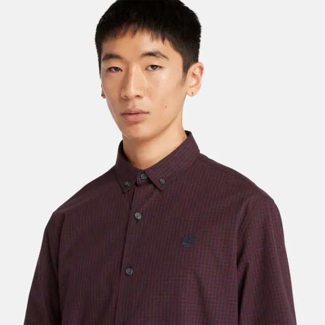 【Timberland】男款暗紅色格紋府綢格紋長袖襯衫(A2AEJJ60)