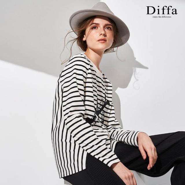 【Diffa】時尚Art電繡條紋針織衫-女