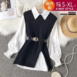 【艾美時尚】現貨 中大尺碼女裝 套裝 上衣 兩件式針織開岔背心澎袖上衣。S-XL(4色)