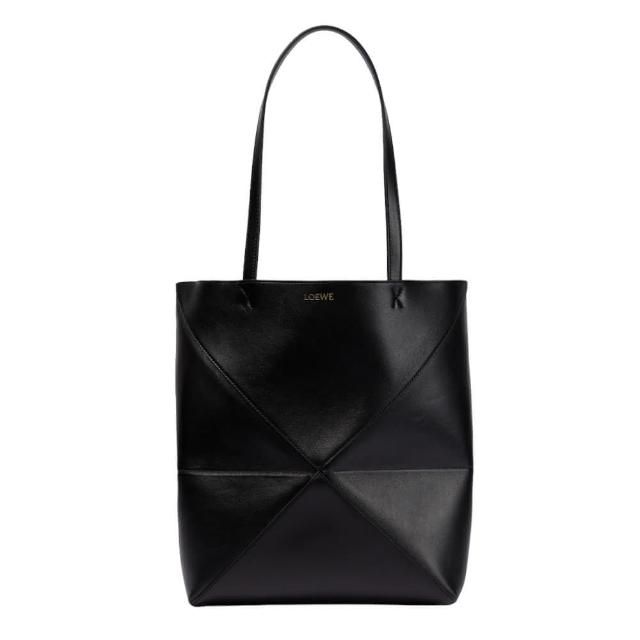 【LOEWE 羅威】Puzzle Fold Tote 中款 亮面牛皮 托特包 黑色